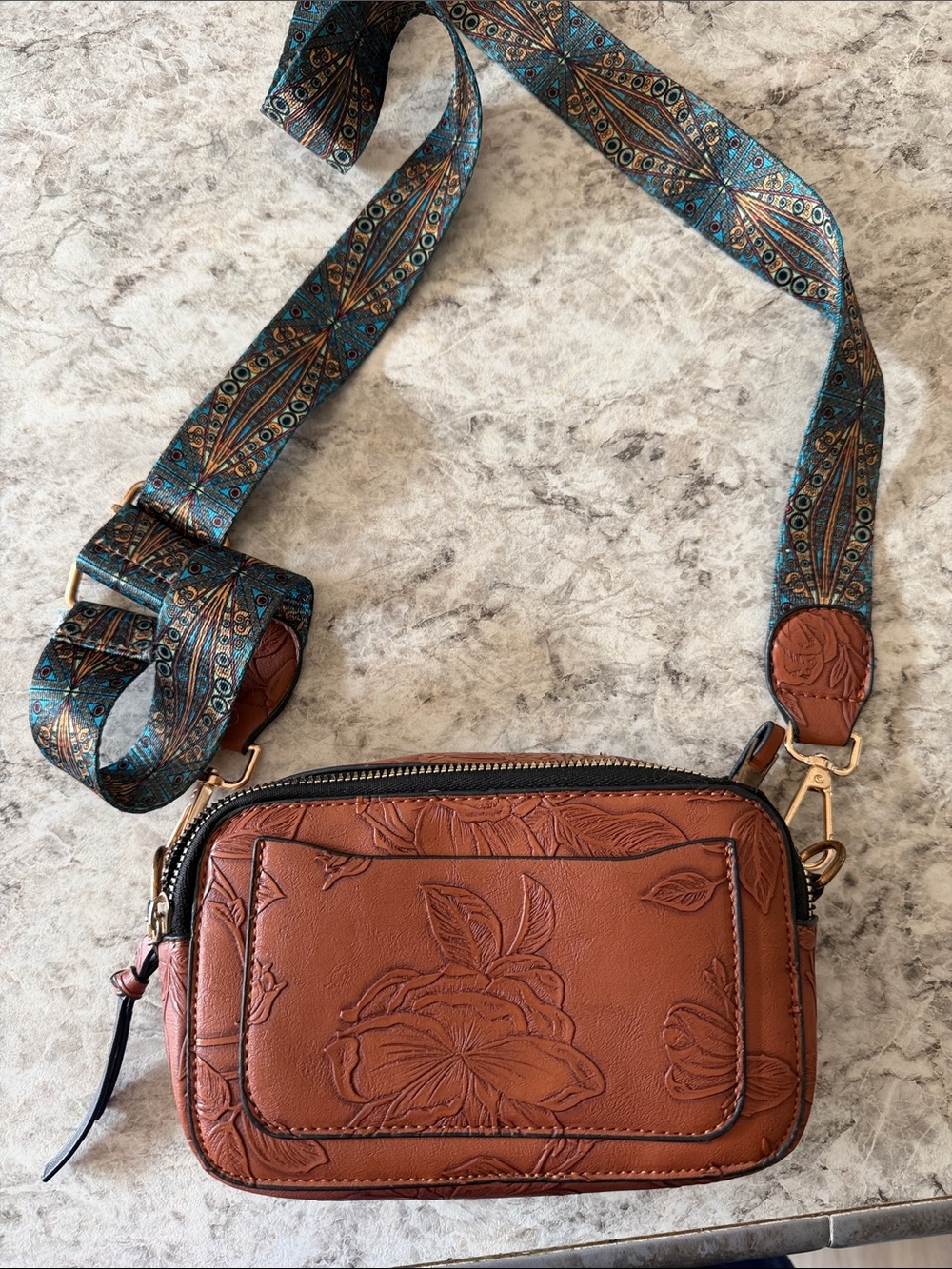 Brown Floral Embossed Leather Crossbody with Patterned Strap
